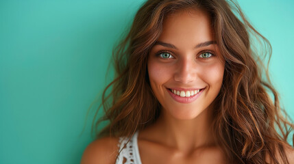 Naklejka premium Close-up of fresh natural woman with nude makeup, white smile. Romantic girl with clean hydrated skin, well-nourished smooth face.