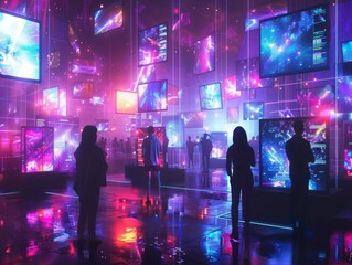 A group of people in a room looking at screens with a starry background.