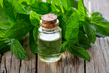 Bottle of mint essential oil and mint green leaves