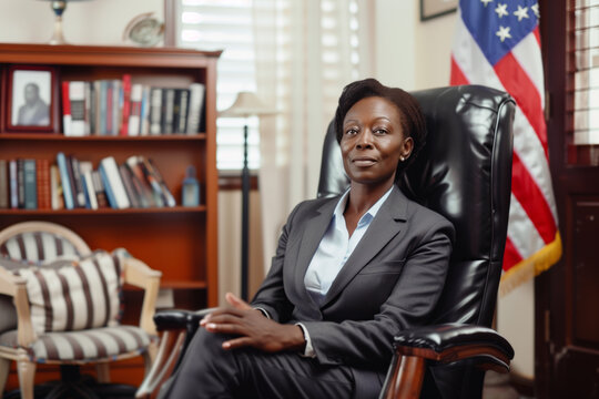Ai generative image. African American female president candidate at her place of work. USA Election concept