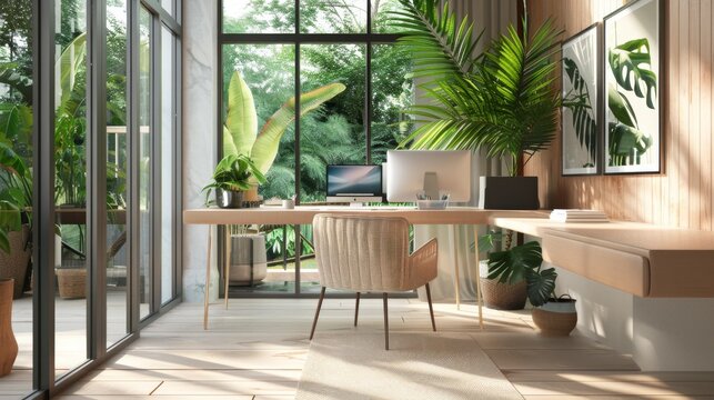 A home office with a large windows, lots of plants, and a wooden desk and chair.