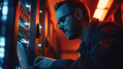 a man in glasses looking at a computer