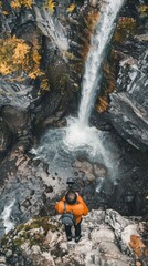 A man standing on a cliff above a waterfall.
