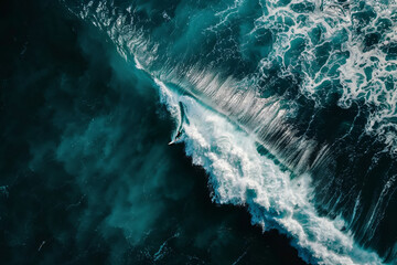 Aerial view of a surfer riding a majestic wave. Generative AI image
