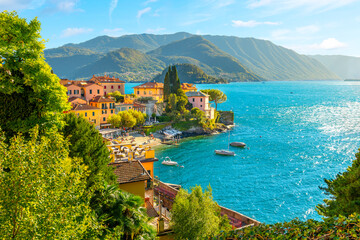 Hillside view of the colorful, picturesque lakefront village of Varenna, Italy, an idyllic Italian...