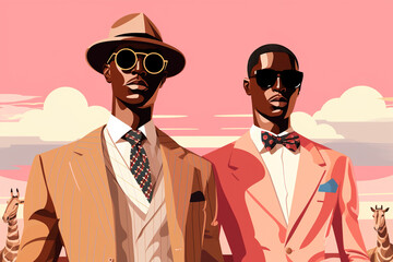 Stylish men in suits with retro vibe against pink sky. Generative AI image