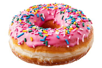 Closeup of pink donut decorated with colorful sprinkles isolated on white background. Strawberry donut.