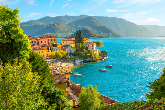 Hillside view of the colorful, picturesque lakefront village of Varenna, Italy, an idyllic Italian medieval town on the shores of Lake Como, in the Lombardy region of Northern Italy.