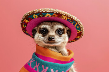 Portrait of a meerkat wearing a traditional mexican sombrero hat for a mexican celebration
