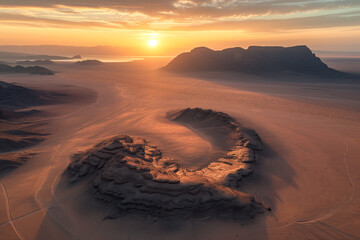 Majestic sunrise over a tranquil sandstone desert. Generative AI image