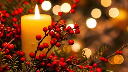 a candle and berries on a branch