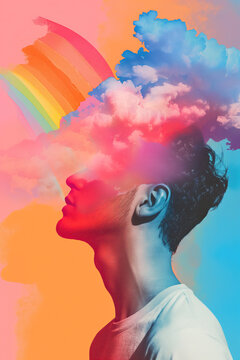 Dreamy Portrait with Clouds and Rainbow Mind Concept. Generative AI image