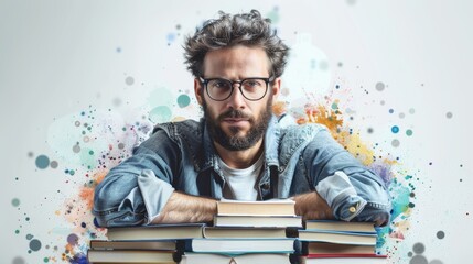 A man with glasses is sitting on a pile of books