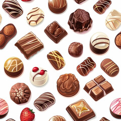 Seamless pattern of sweet assorted bonbons and chocolates on white background.