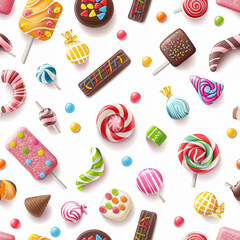 Seamless pattern of assorted candies and sweets on white.