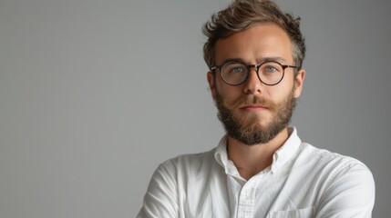 A man with glasses and a beard is standing in front of a white background