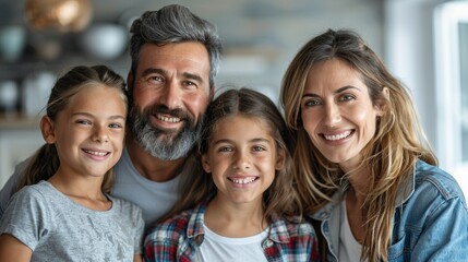 A family of four, including a man and three children, are smiling for the camera