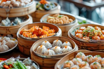 A variety of Chinese food is displayed in a buffet style. The food includes dumplings, noodles, and other dishes. The presentation is colorful and appetizing