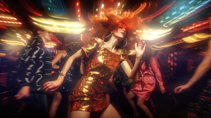 A woman is dancing in a disco club. A red -haired woman in a dynamic dance. Stylization under 1970. Disco time