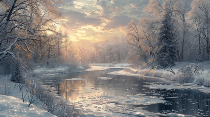 Snow-covered, dreamlike foggy winter wonderland with snow-covered ground and tree arround a lake
