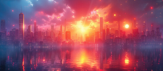 The city on the shore of the bay in the fog. Pink fog enveloped many floor buildings. The city is in the fog.