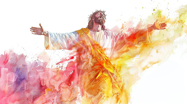 portrait of jesus of nazareth in watercolor painting isolated against white background

