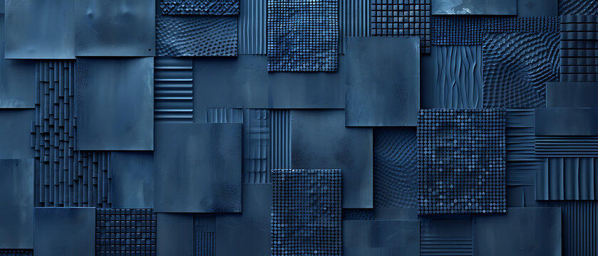 an abstract design composed of overlapping dark blue panels. Each panel exhibits a distinct texture, ranging from smooth surfaces to dotted patterns