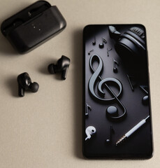 A phone with a music note on it sits on a table next to a pair of headphones. The headphones are...