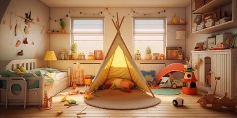 children's room with tent Generative AI - obrazy, fototapety, plakaty