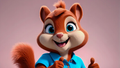 Friendly and smiling female cartoon squirrel 3d character model with a welcoming posture on a clean background