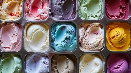 Assortment of ice cream in the store. Variety of ice cream scoops. Copy space. Sweet fruit ice cream background. Top view of sweet frozen dessert