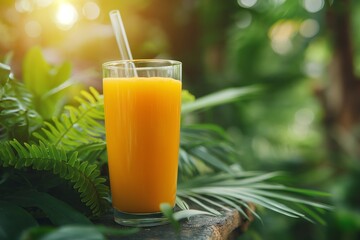 Fresh tropical mango juice in a glass with a straw on the background of the jungle and morning sunlight
