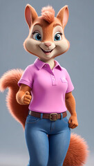 Friendly and smiling female cartoon squirrel 3d character model with a welcoming posture on a clean background