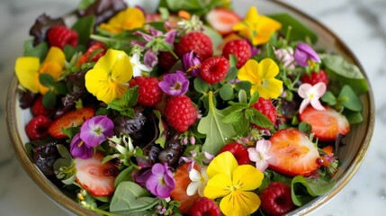 A fresh bowl of salad with sliced strawberries and raspberries