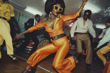 Stylization for retro photography of the 1970s. A black woman is dancing in the style of disco. African American is dancing in a nightclub. Fashion trends in 1980 in the USA.