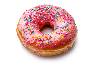 Pink donut decorated with colorful sprinkles isolated on white background. Strawberry donut.