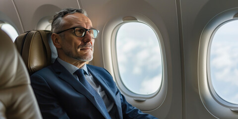 Portrait middle aged businessman in suit in plane during business trip