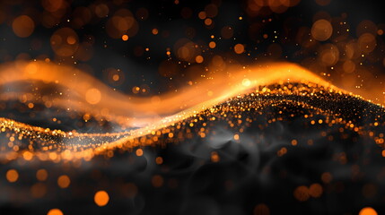 Gleaming golden particles float in a dark space, forming undulating waves that suggest a sense of...