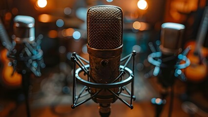 Closeup of vintage microphones on stage creating classic concert vibes. Concept Vintage Microphones, Classic Concert, Stage Setup, Close-up Shots