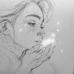 Glowing Release: A Woman Opening Her Hand to Release Fireflies in a Pencil Drawing