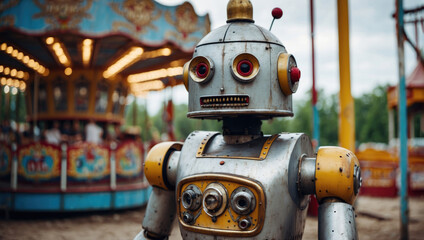 small child-like cybernetic robot parked in front of an abandoned horse carousel