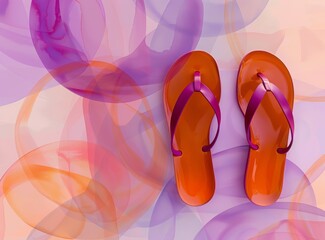 orange sandals on retro lilac and orange background in style 70s