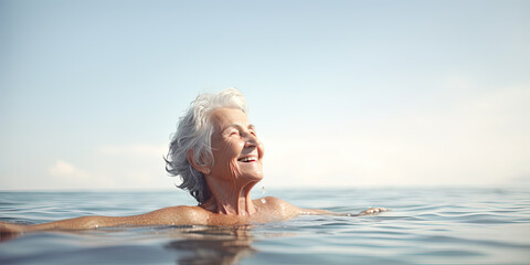 Elderly woman enjoying the water with copy space