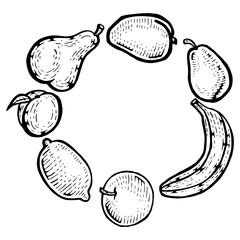 Fruits vegan food sketch engraving PNG illustration. Scratch board style imitation. Black and white hand drawn image.