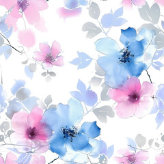 Fototapeta na wymiar Seamless pattern of blue and pink flowers on white background