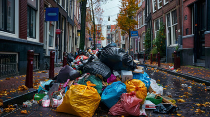 Urban street scene where excessive garbage piles up, showcasing pollution issues
