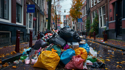 Fototapeta na wymiar Urban street scene where excessive garbage piles up, showcasing pollution issues