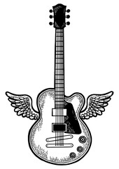 Flying Electric guitar with wings sketch engraving PNG illustration. Scratch board style imitation. Black and white hand drawn image.