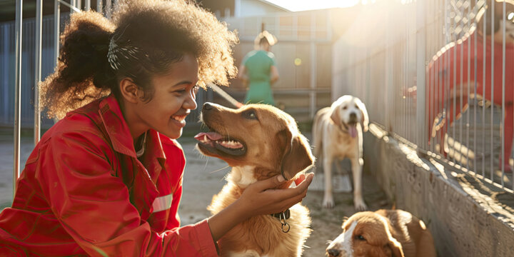 Female volunteer in uniform at animal shelter petting rescued dogs