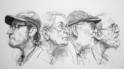 Loose Pencil Portrait Sketches of Individuals with Expressive Strokes and Hatching Marks